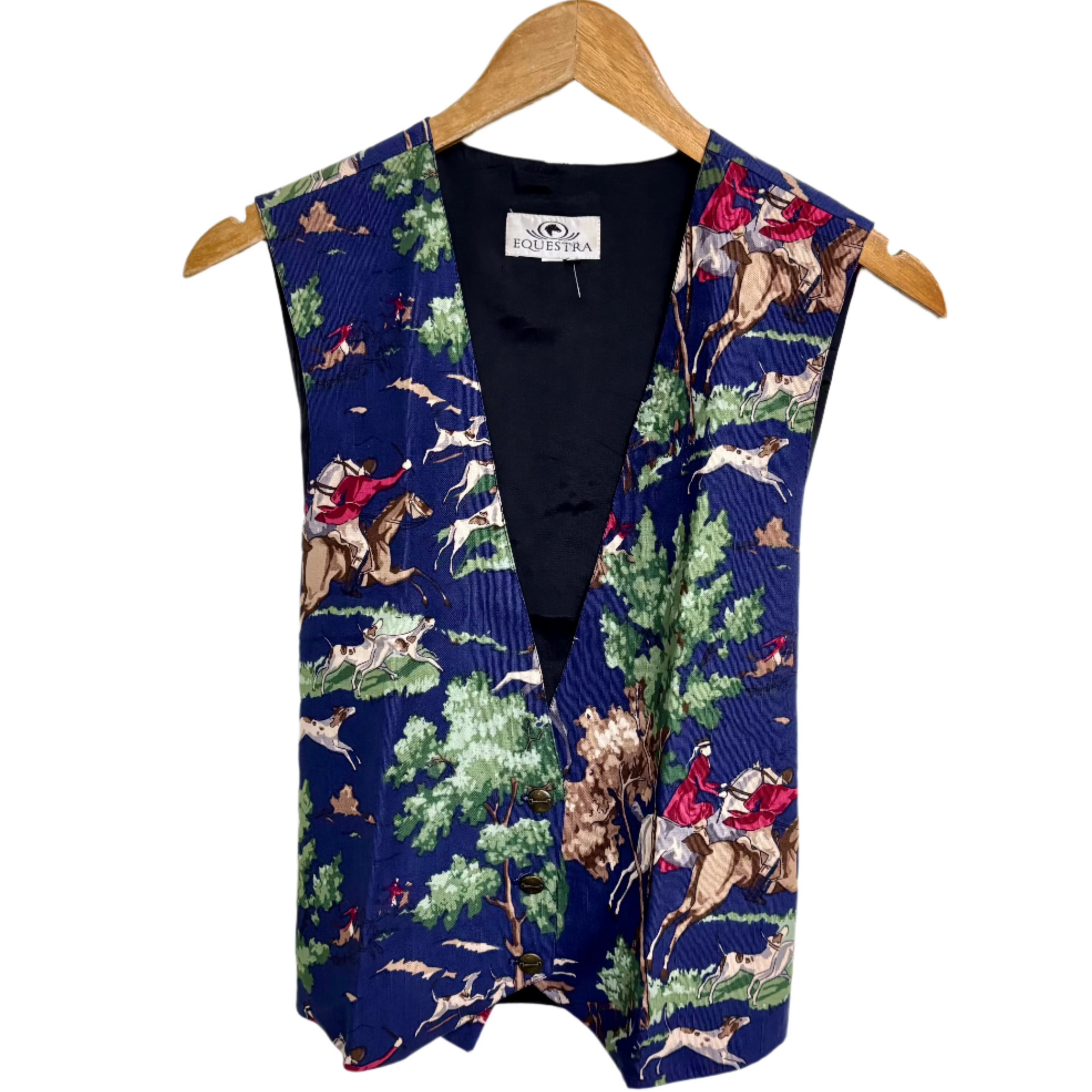 colorful patterned vest for layering by Stylera navy corduroy vest with horse riders and trees