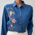 embroidered denim shirt for women by Stylera featuring coffee cup and teapot embroidery on blue denim