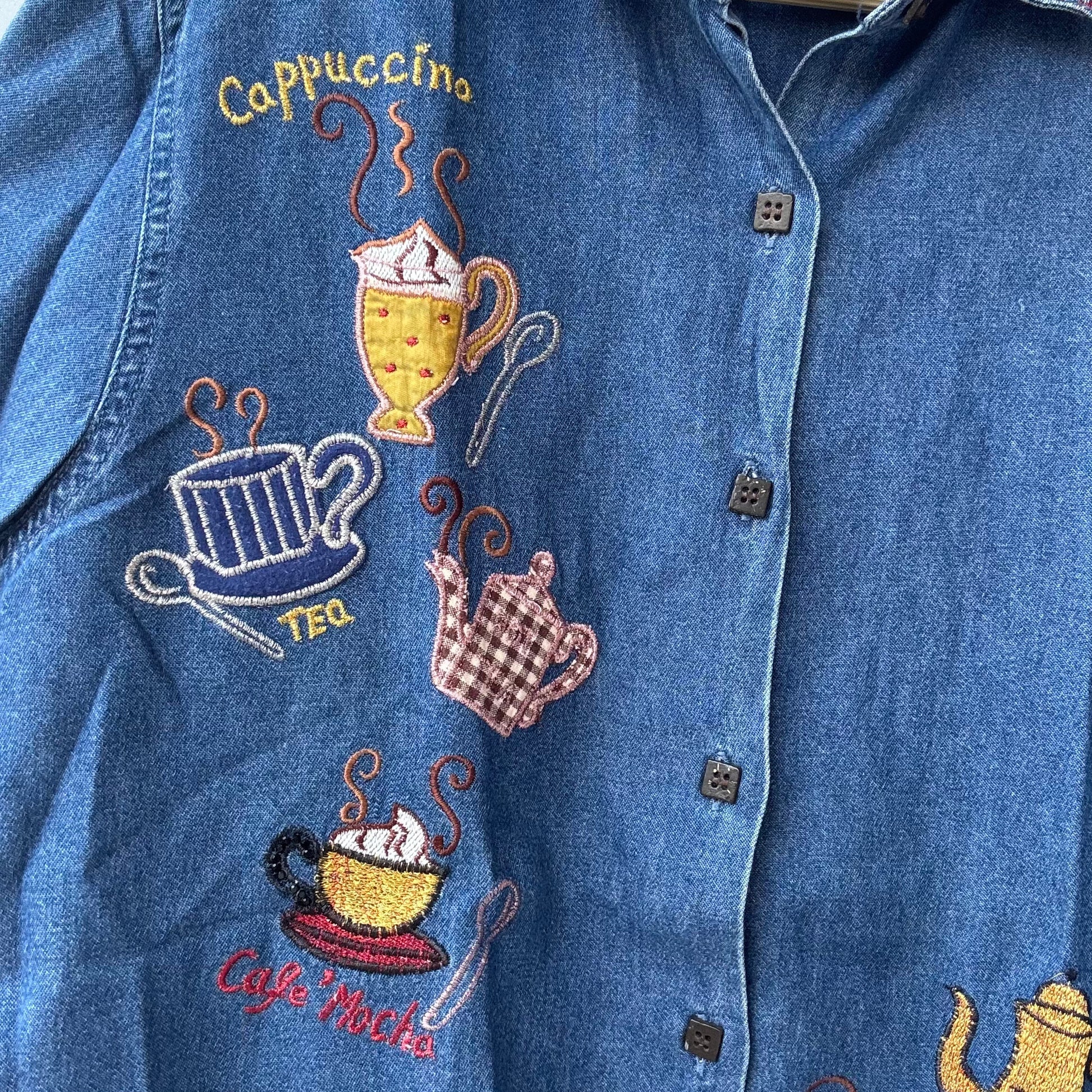 Stylera embroidered denim shirt for women with colorful coffee and tea cup embroidery along button front