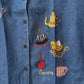 Stylera embroidered denim shirt for women with colorful tea and coffee cup embroidery on front