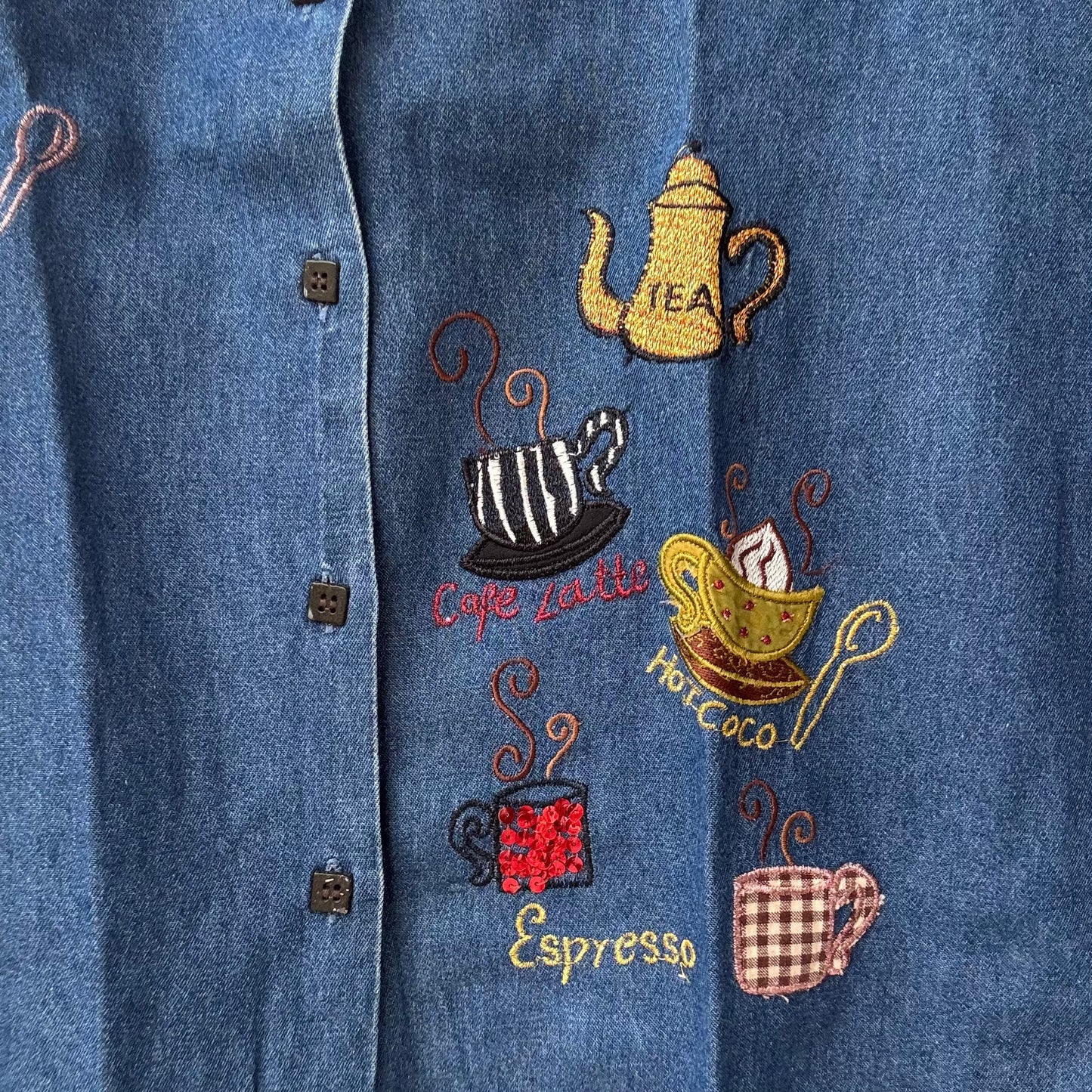 Stylera embroidered denim shirt for women with colorful tea and coffee cup embroidery on front