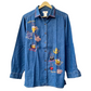 Stylera embroidered denim shirt for women long sleeve blue button up with coffee cup embroidery