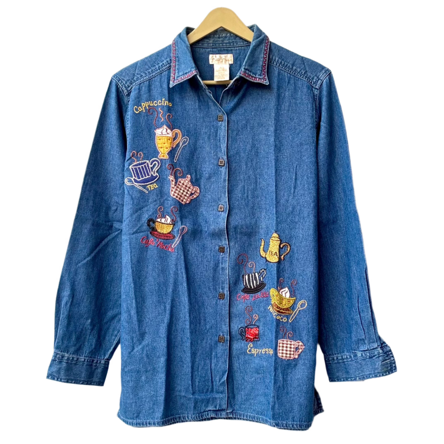 Stylera embroidered denim shirt for women long sleeve blue button up with coffee cup embroidery