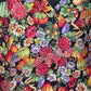 floral print vest for women with colorful autumn flowers and gourds on black button front fabric