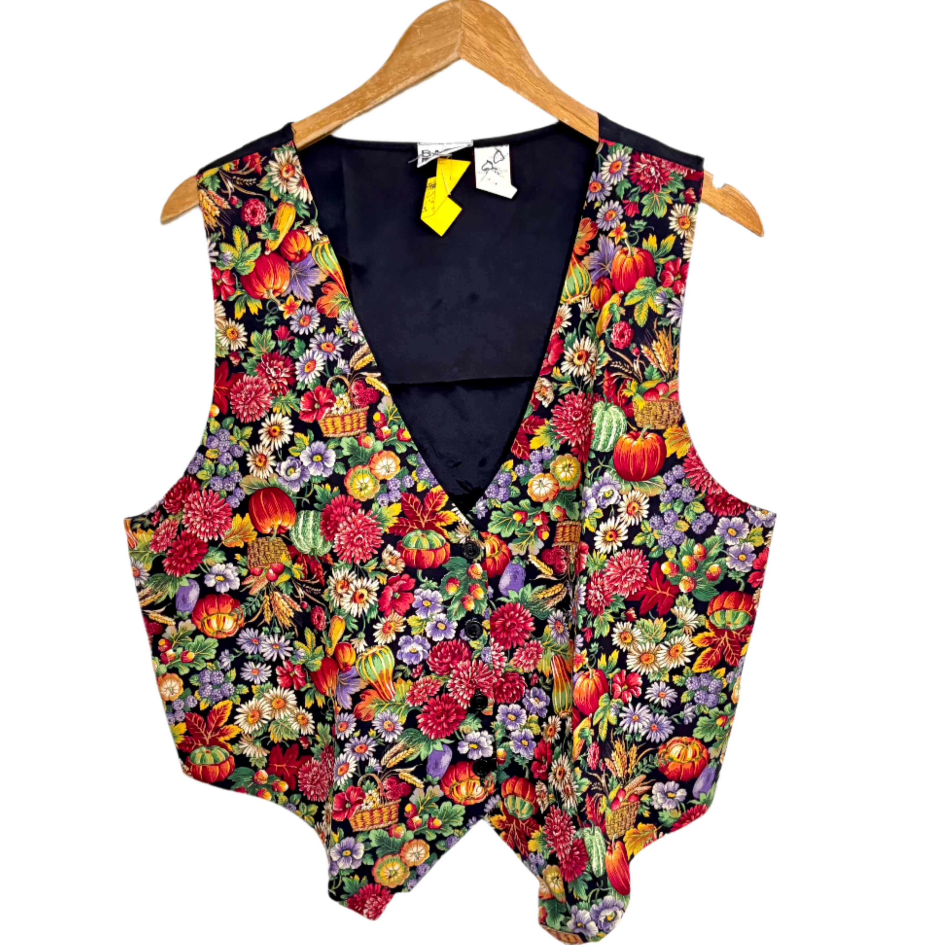 Multicolor floral print vest for women with V neck and black lining on wooden hanger by Stylera