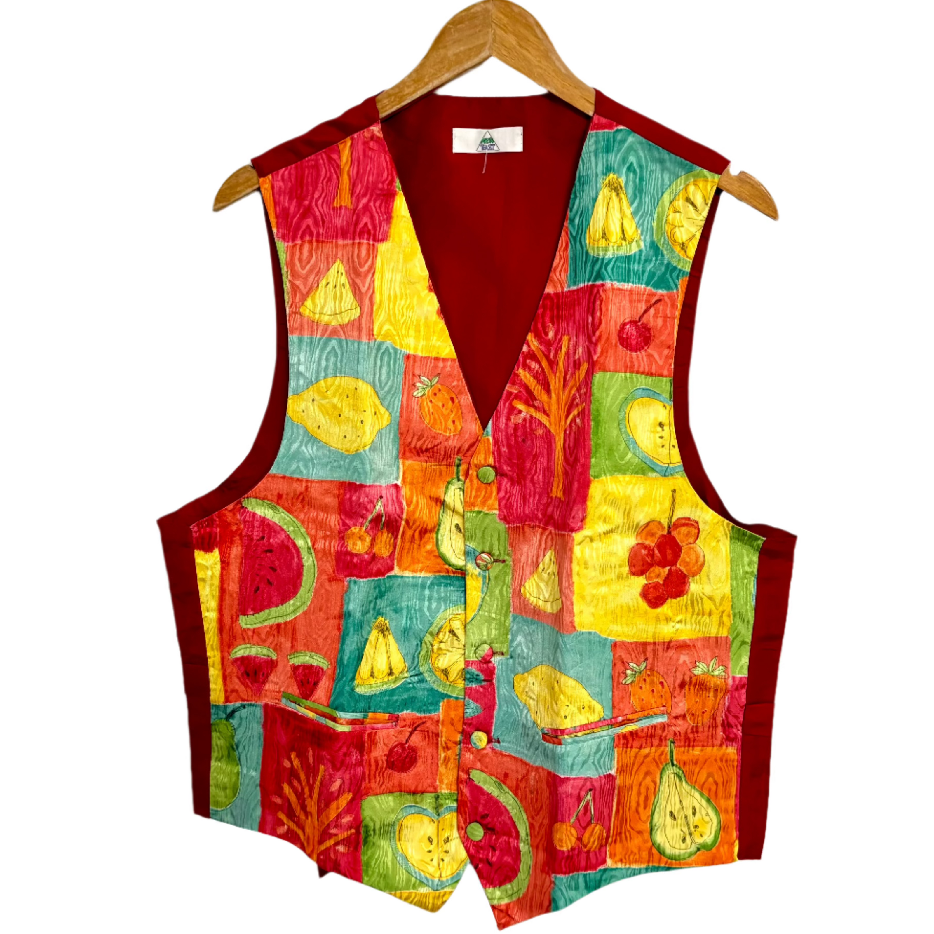 Stylera multicolor fruit print vest for women with V neck button front and patchwork fruit blocks
