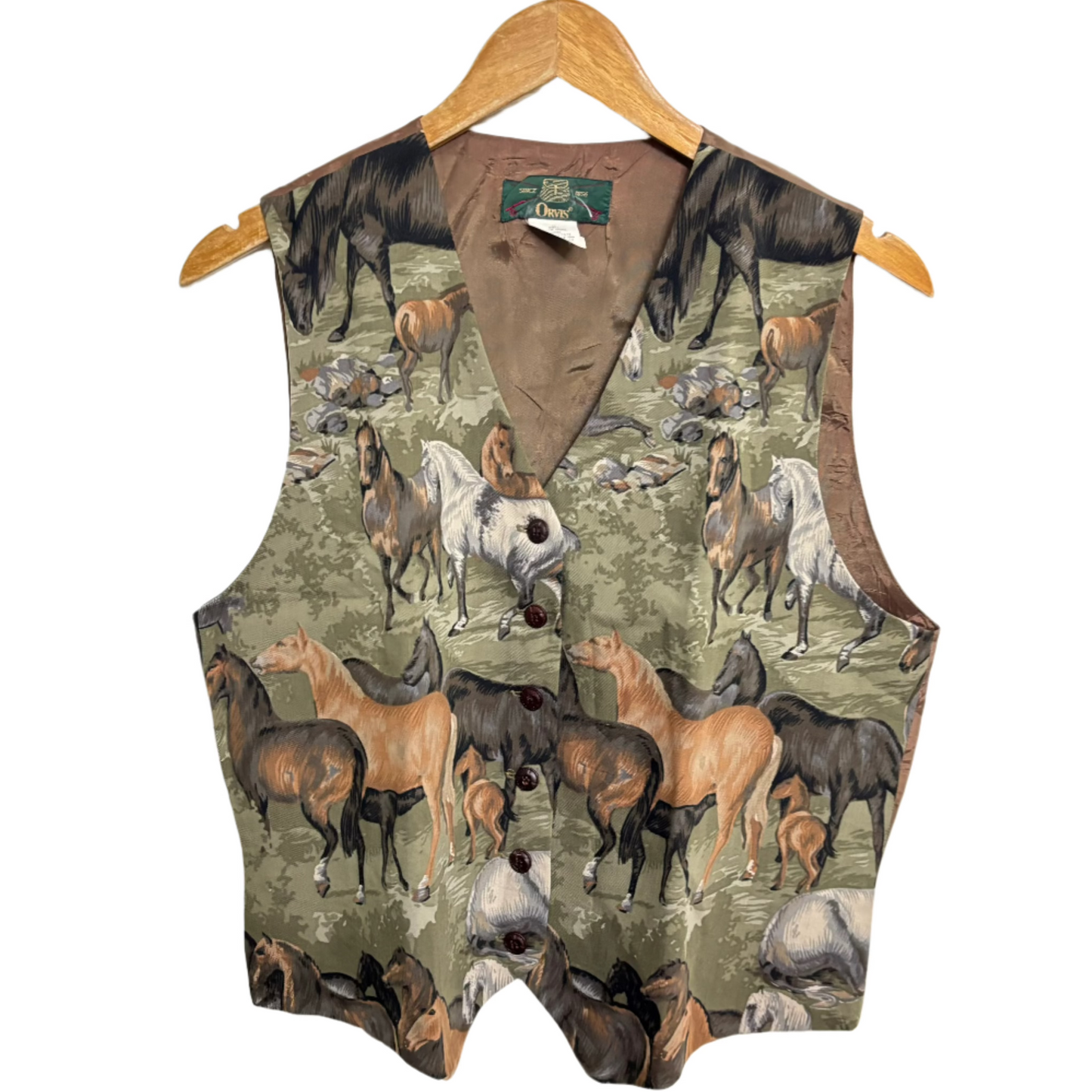 Stylera horse print vest with multicolor horse pattern on olive background, button front V neck, sleeveless