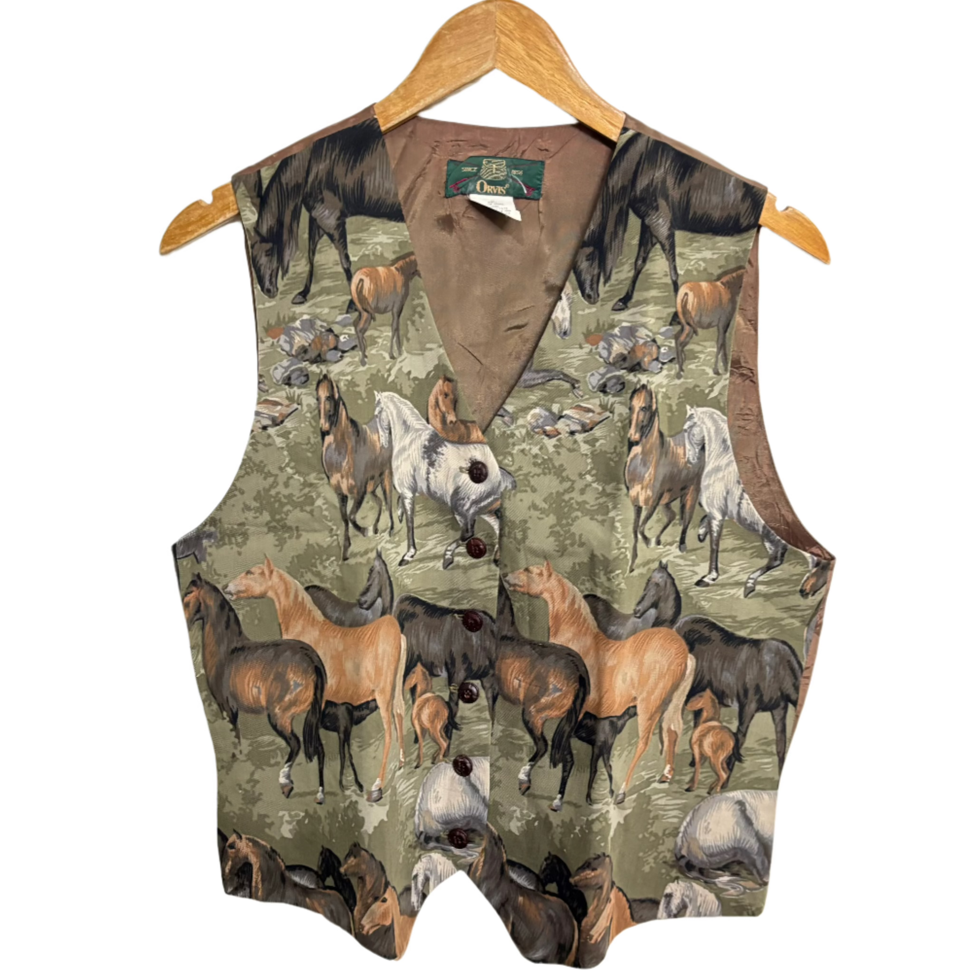 Stylera horse print vest with multicolor horse pattern on olive background, button front V neck, sleeveless