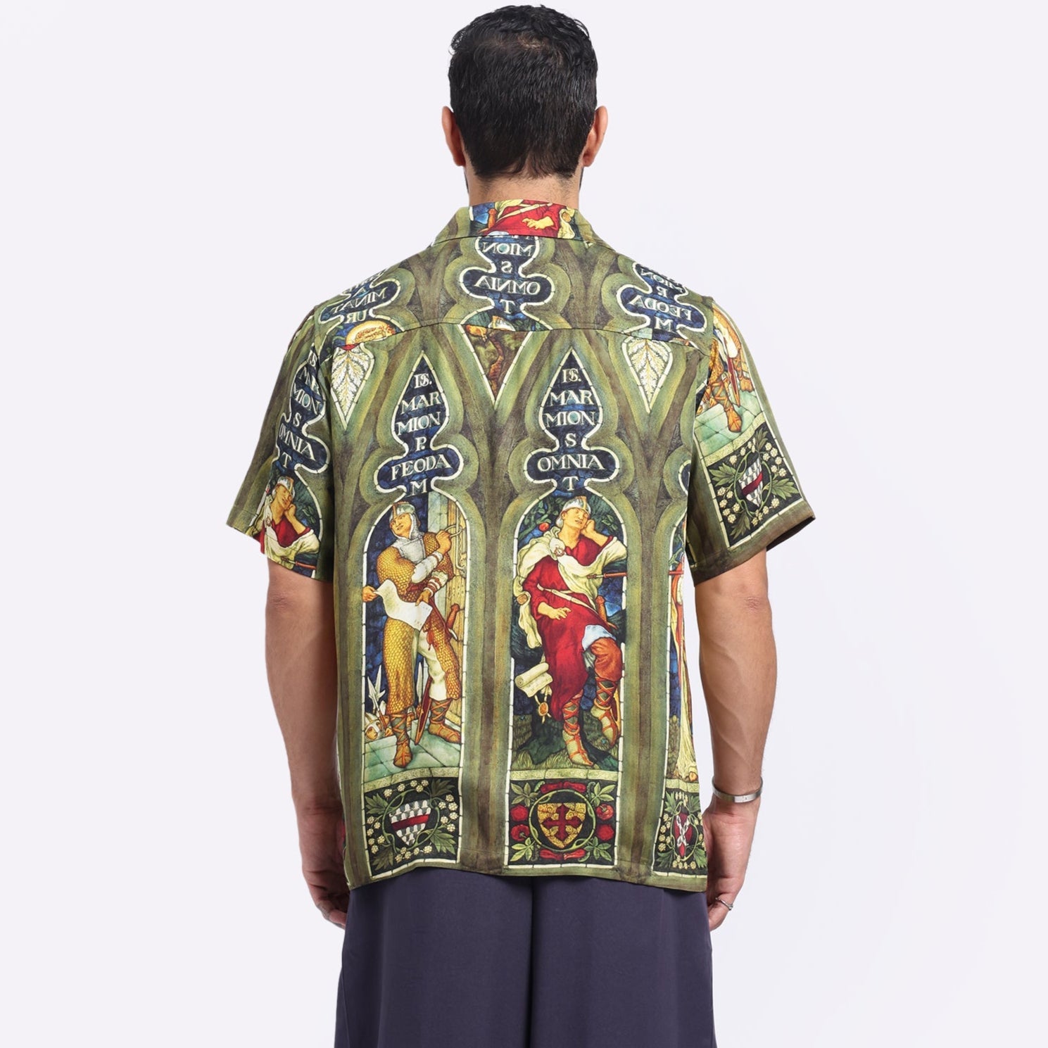 Stylera vintage print button up shirt featuring a colorful stained glass design on a relaxed fit