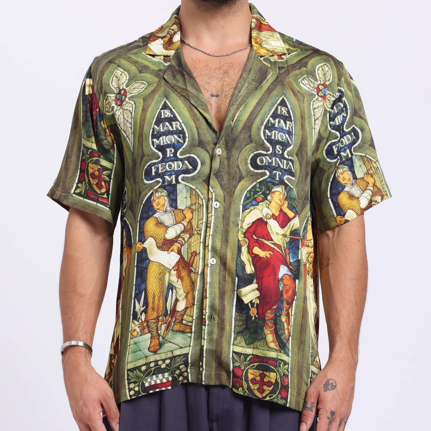 Stylera vintage print button up shirt featuring vibrant colors and intricate stained glass designs