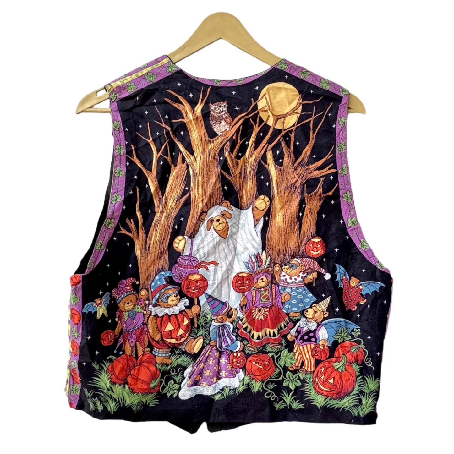 pumpkin halloween vest by Stylera with colorful trick or treat scene pumpkins ghosts and children under trees