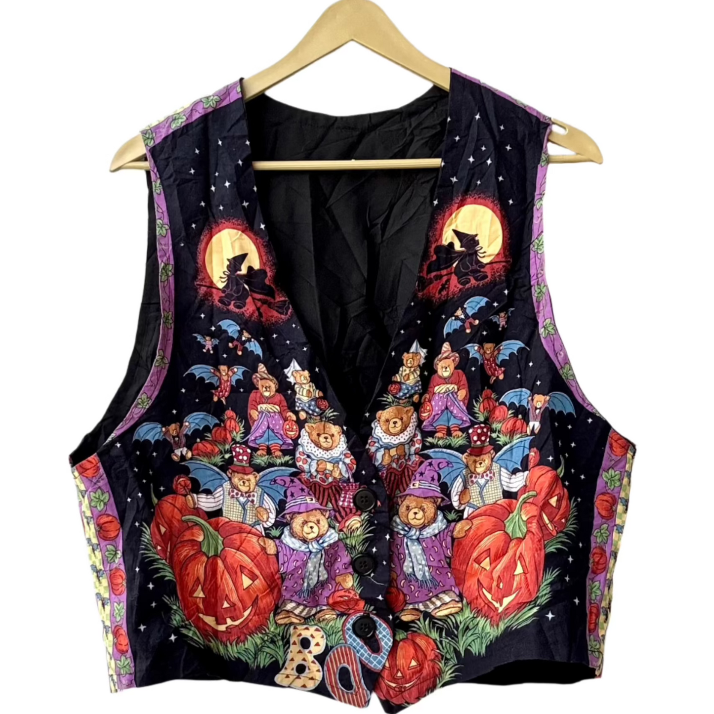 pumpkin halloween vest by Stylera black sleeveless quilted vest with colorful Halloween bears and jack o lantern pumpkins