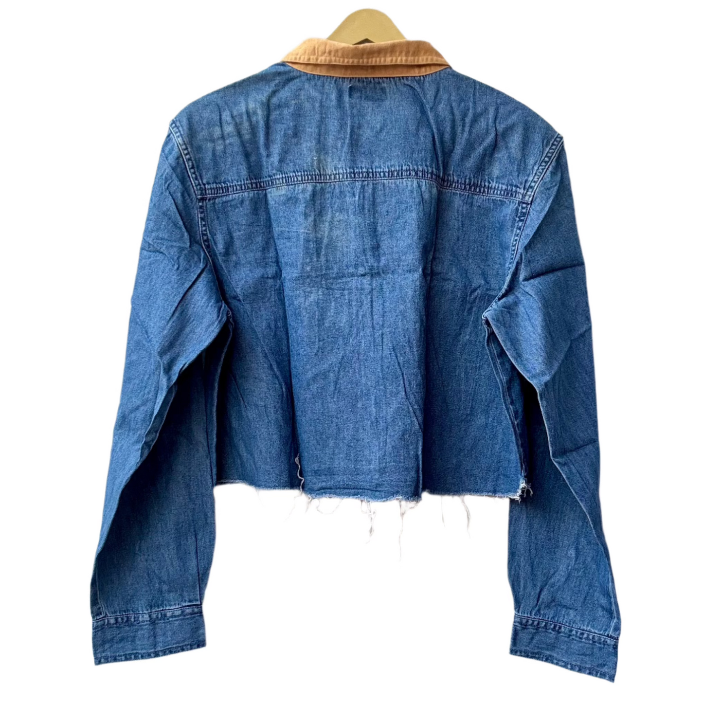 Stylera trendy cropped denim jacket in blue with frayed hem and contrast tan collar back view