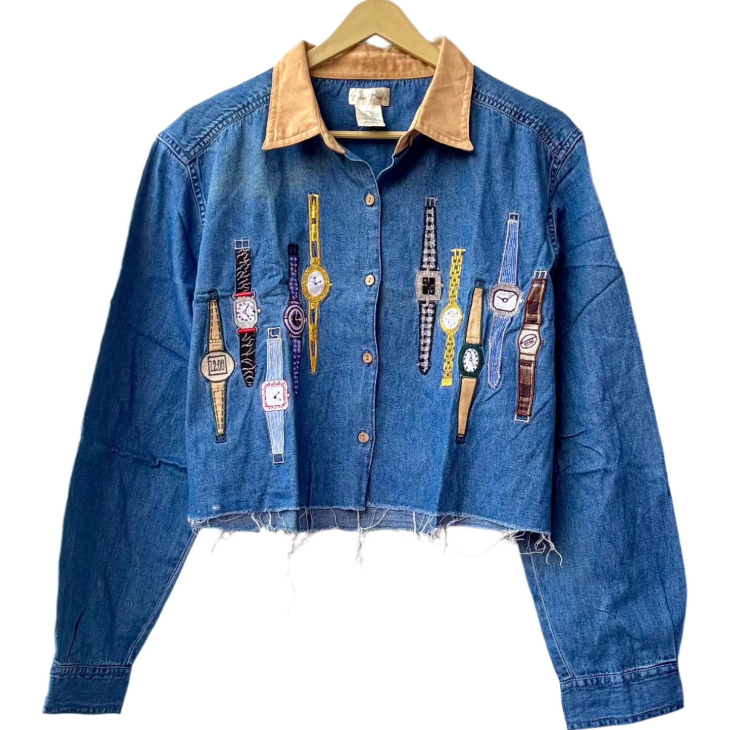 Stylera trendy cropped denim jacket with tan collar frayed hem and embroidered watch motifs