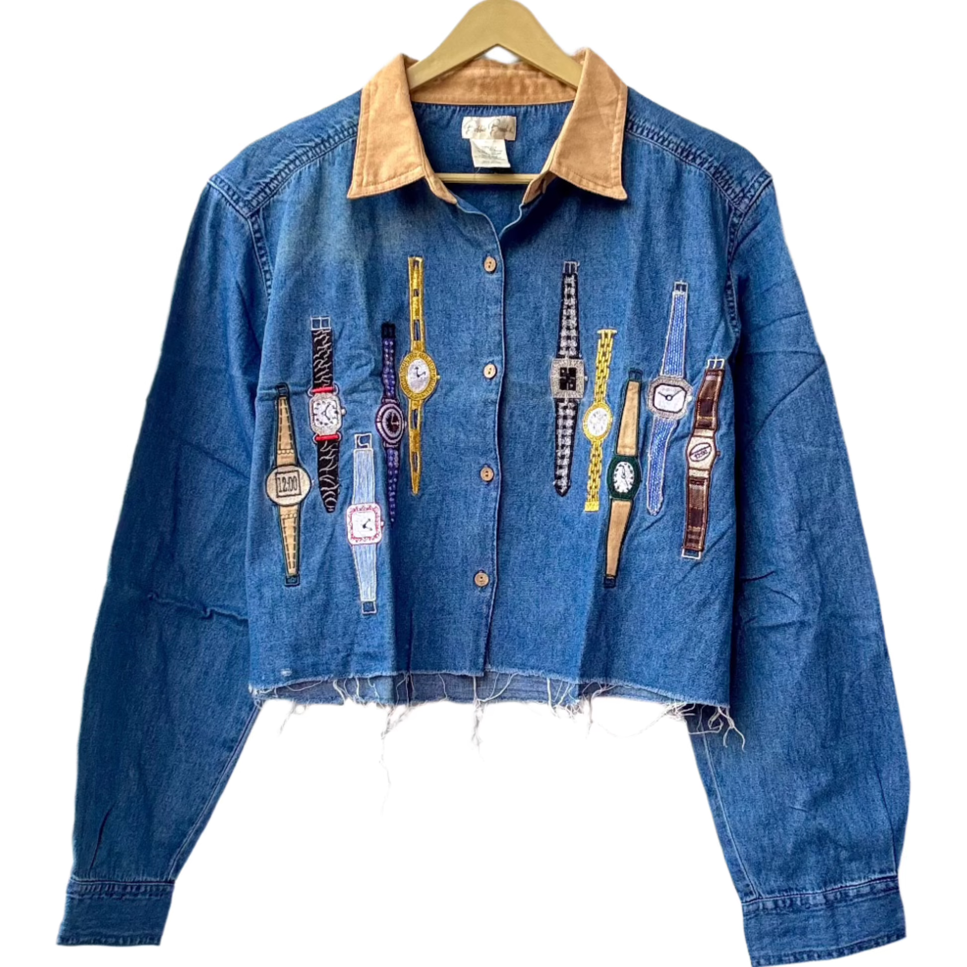 Stylera trendy cropped denim jacket with tan collar frayed hem and embroidered watch motifs