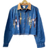 Stylera trendy cropped denim jacket with tan collar frayed hem and embroidered watch motifs