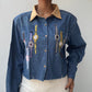 trendy cropped denim jacket with embroidered wristwatch motifs tan corduroy collar frayed hem button front