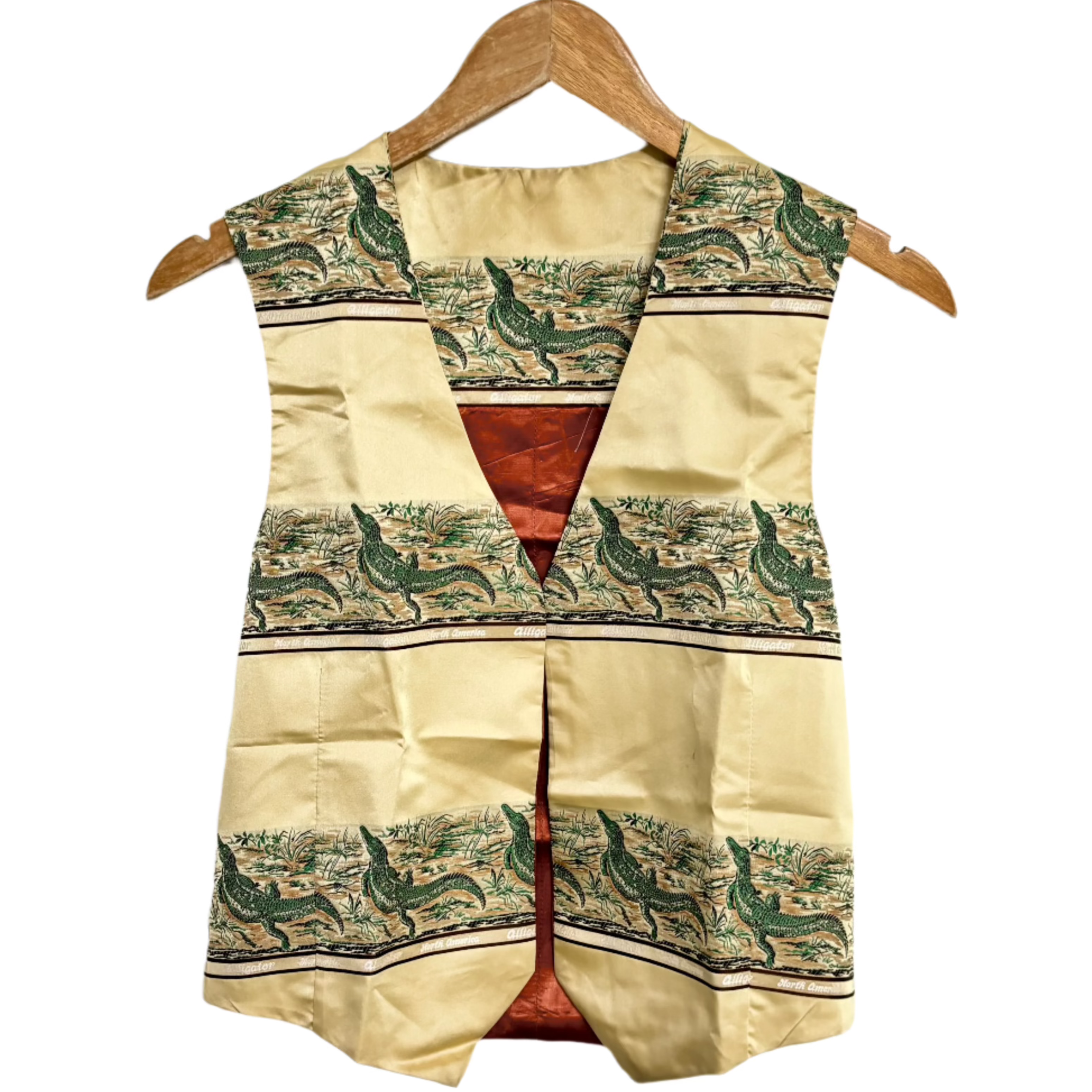 Stylera unique animal print vest gold satin with green reptile motif and red satin lining