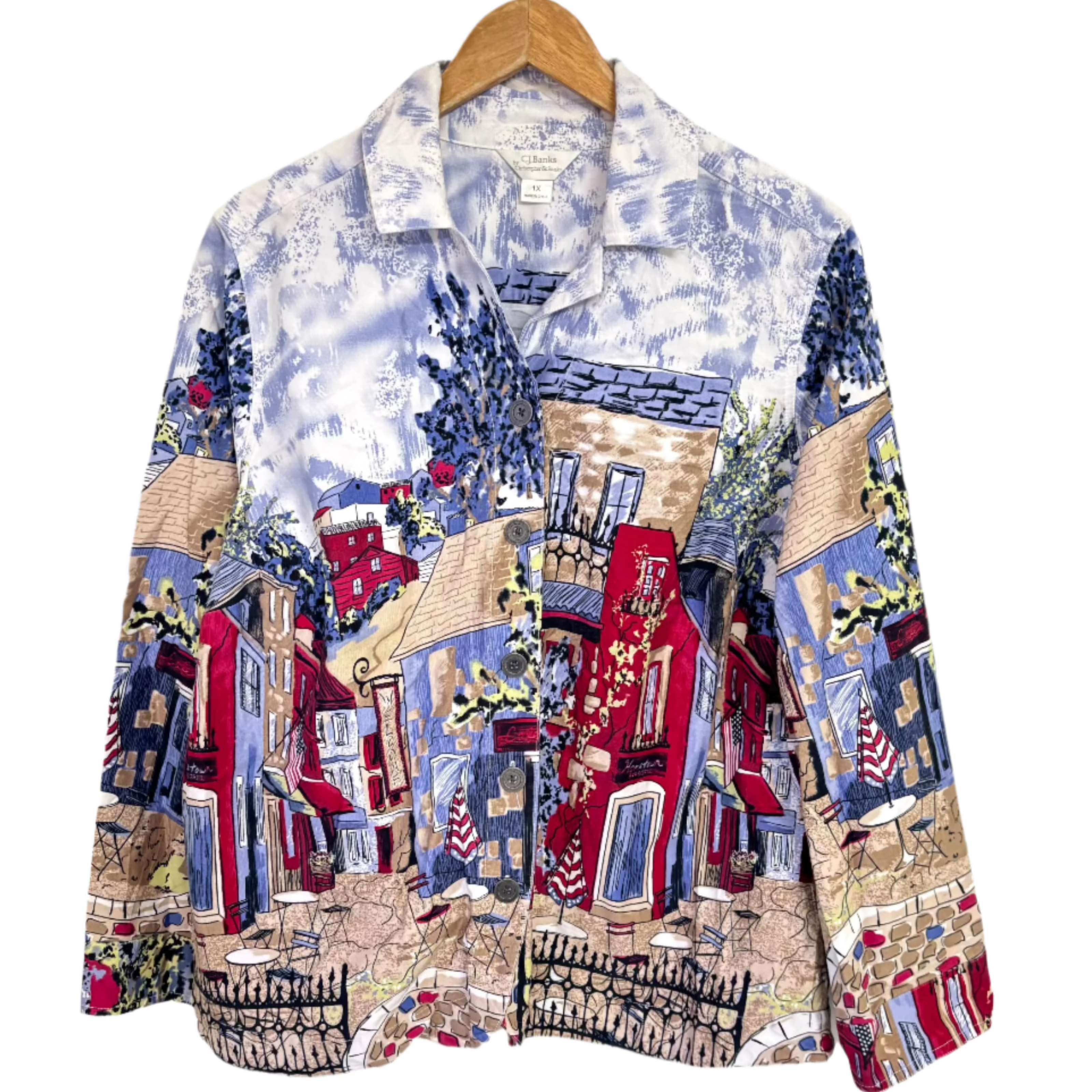 Stylera collared button up shirt with colorful townscape print and long sleeves unique graphic shirts for women