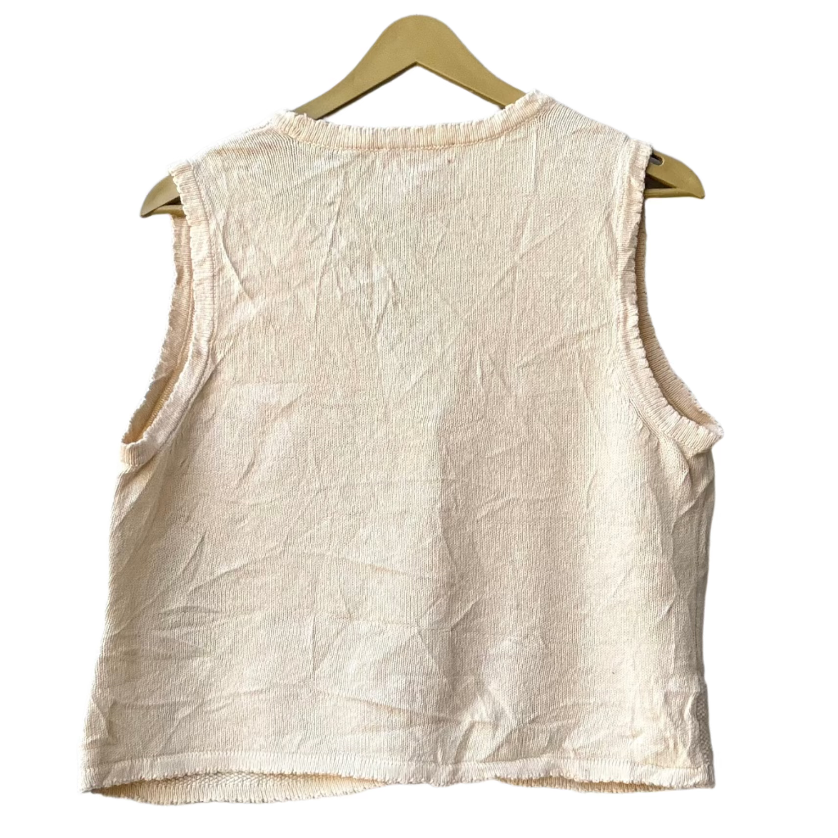 Stylera unique holiday sweater vest cream knit cropped back view on wooden hanger
