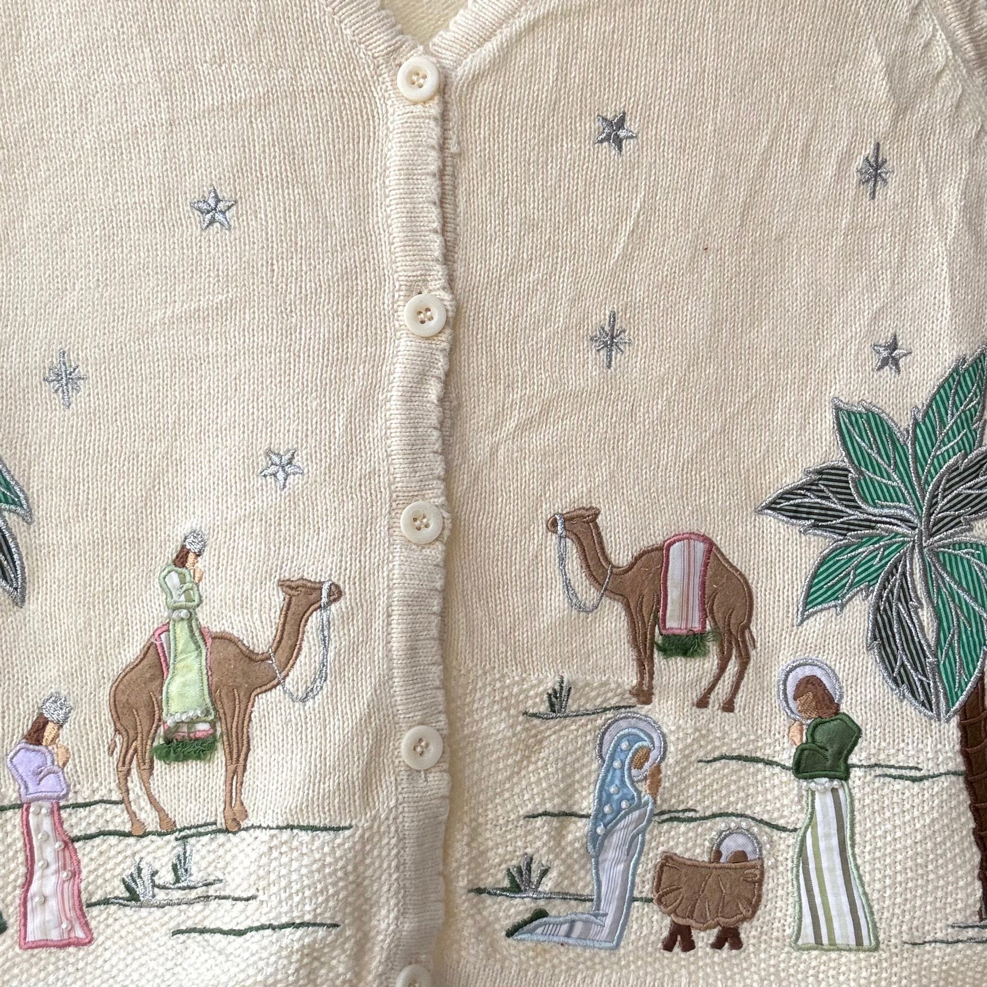 Stylera unique holiday sweater vest cream knit button front with embroidered nativity scene