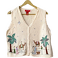 Stylera unique holiday sweater vest cream knit with embroidered nativity camels palm trees star