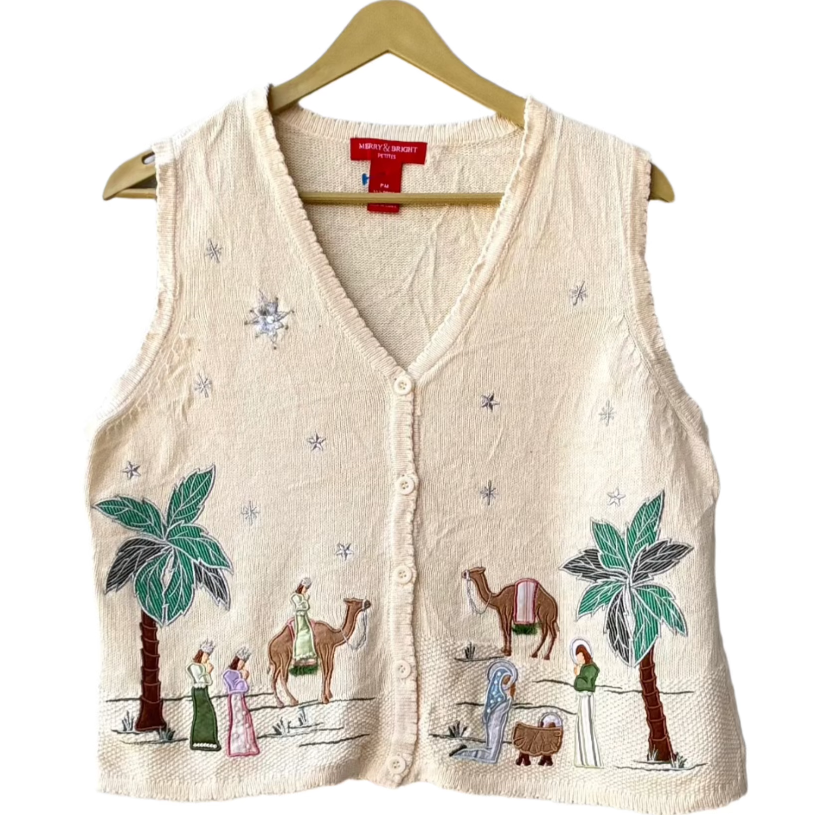 Stylera unique holiday sweater vest cream knit with embroidered nativity camels palm trees star
