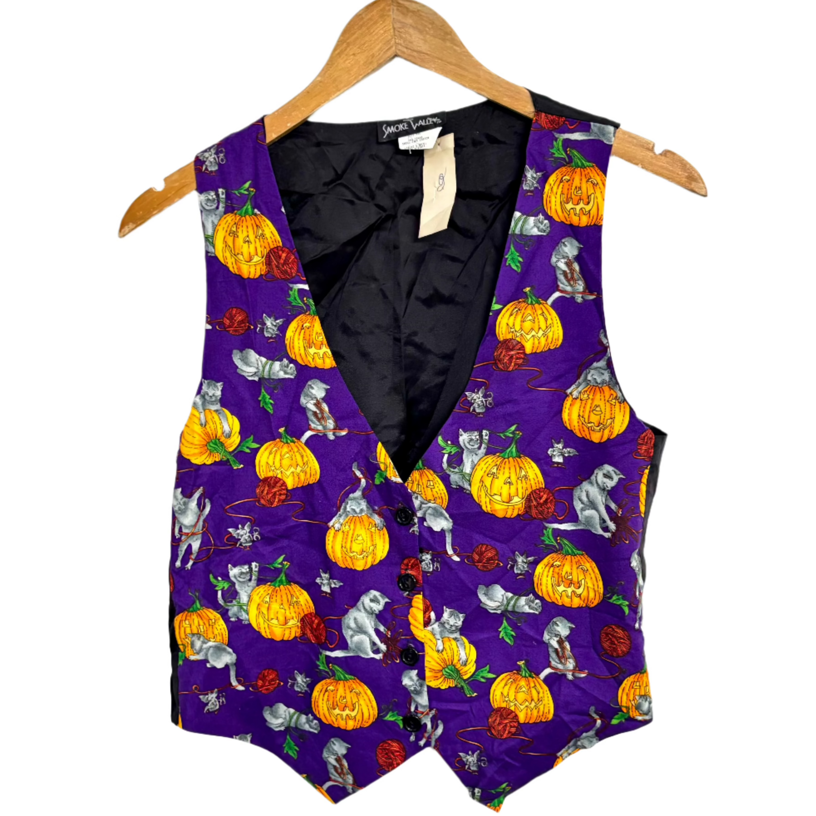 Stylera unique pumpkin print vest purple button front V neck with orange pumpkins and gray cats on hanger