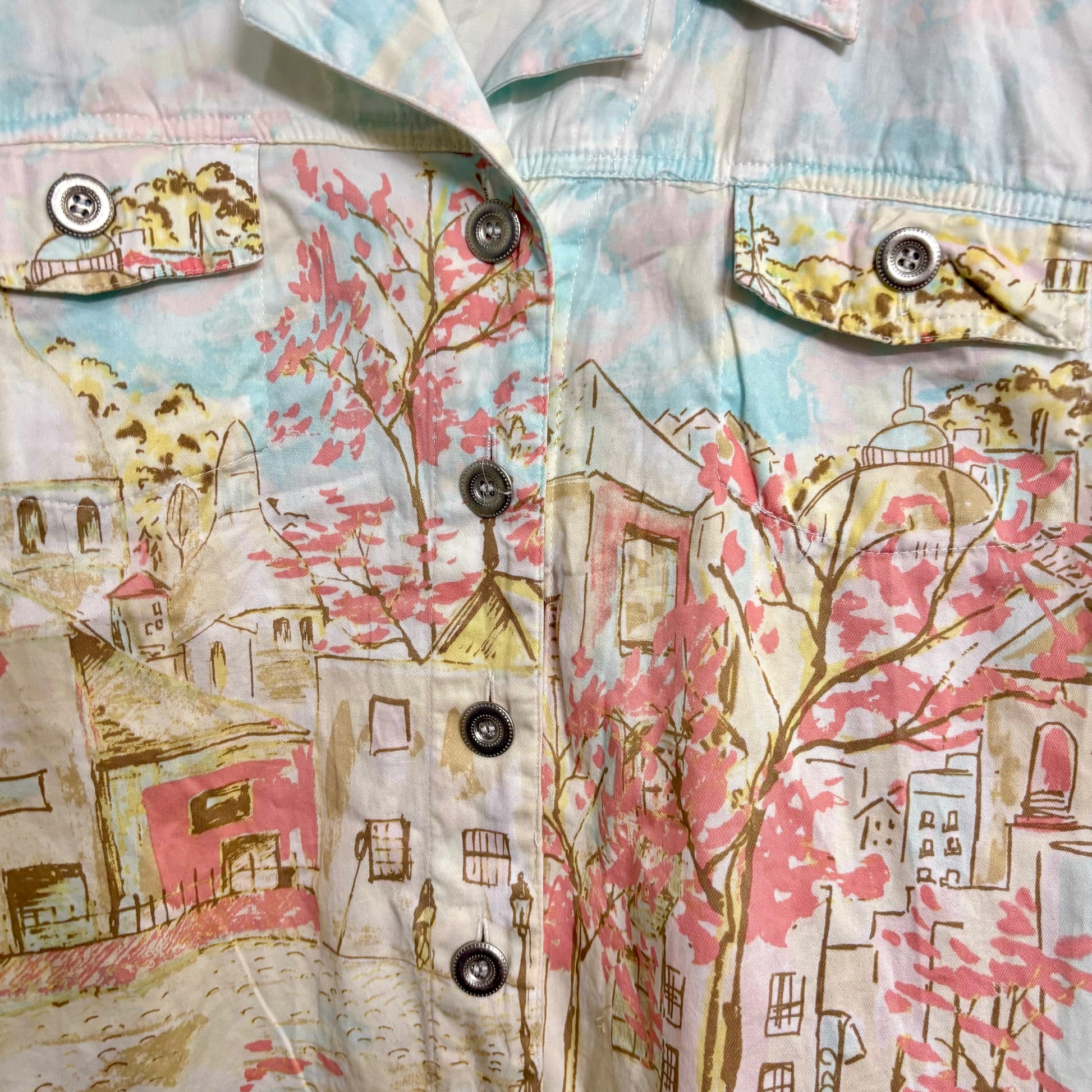Pastel scenic print women's printed denim jacket with front buttons and chest flap pockets