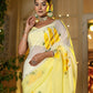 Elegant wedding organza saree yellow with floral patterns, ideal for festive occasions