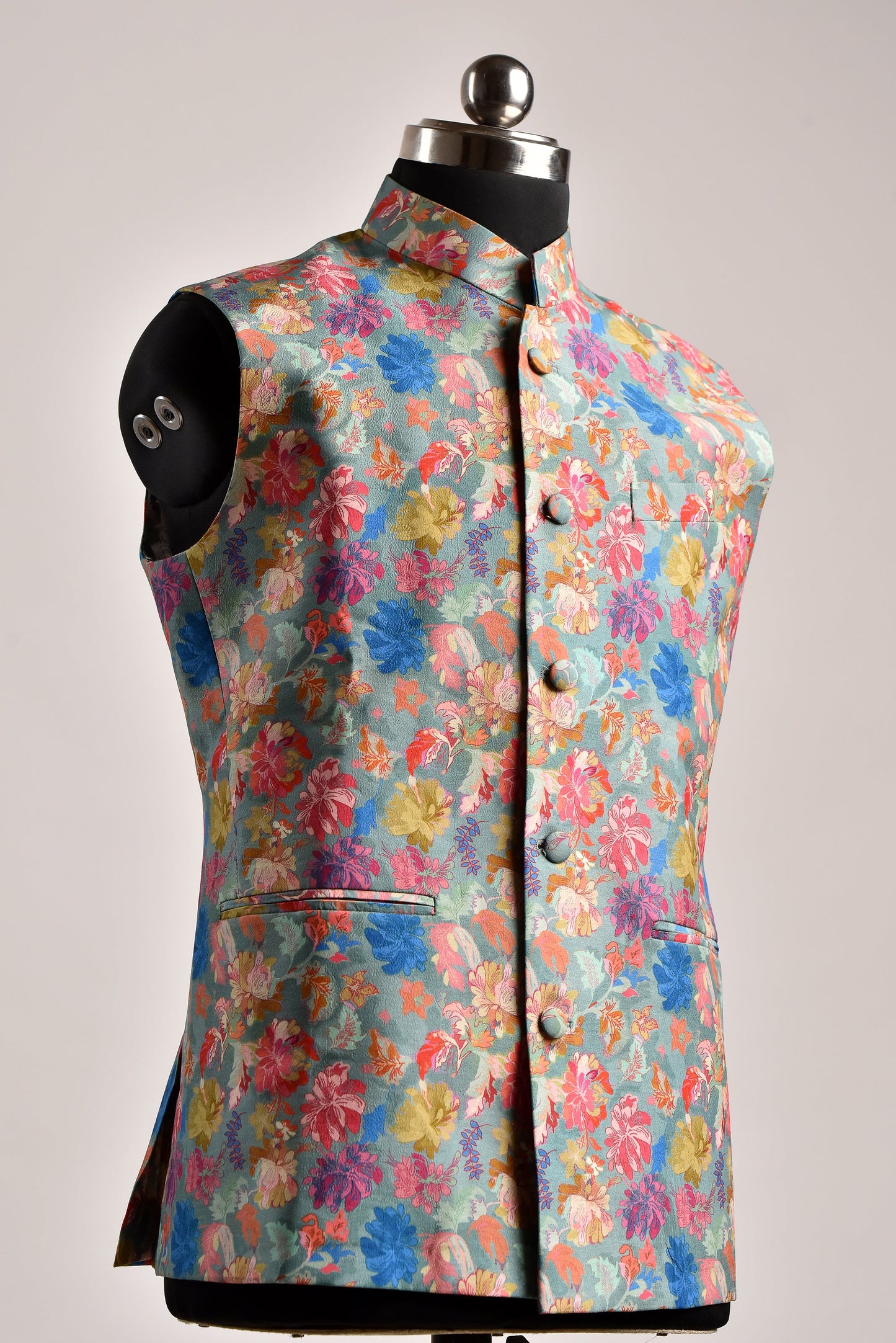 Colorful Stylera wedding party floral bandi jacket with vibrant floral pattern and mandarin collar