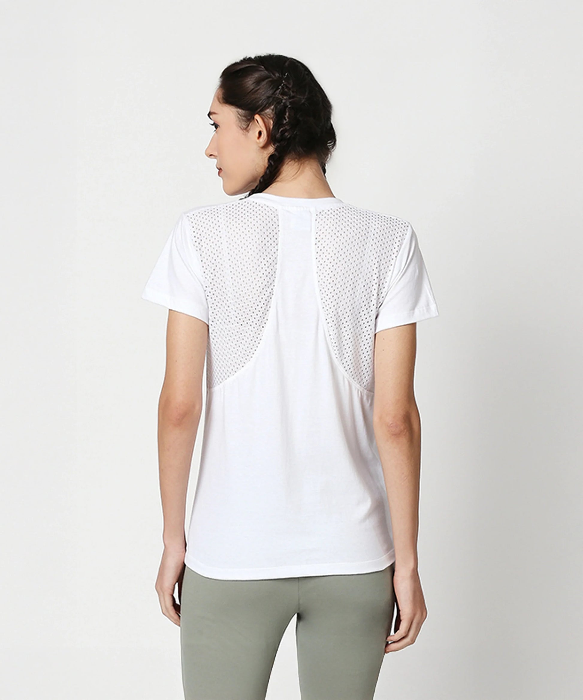 Women's white artistic print tee with mesh back detail for a stylish and breathable look
