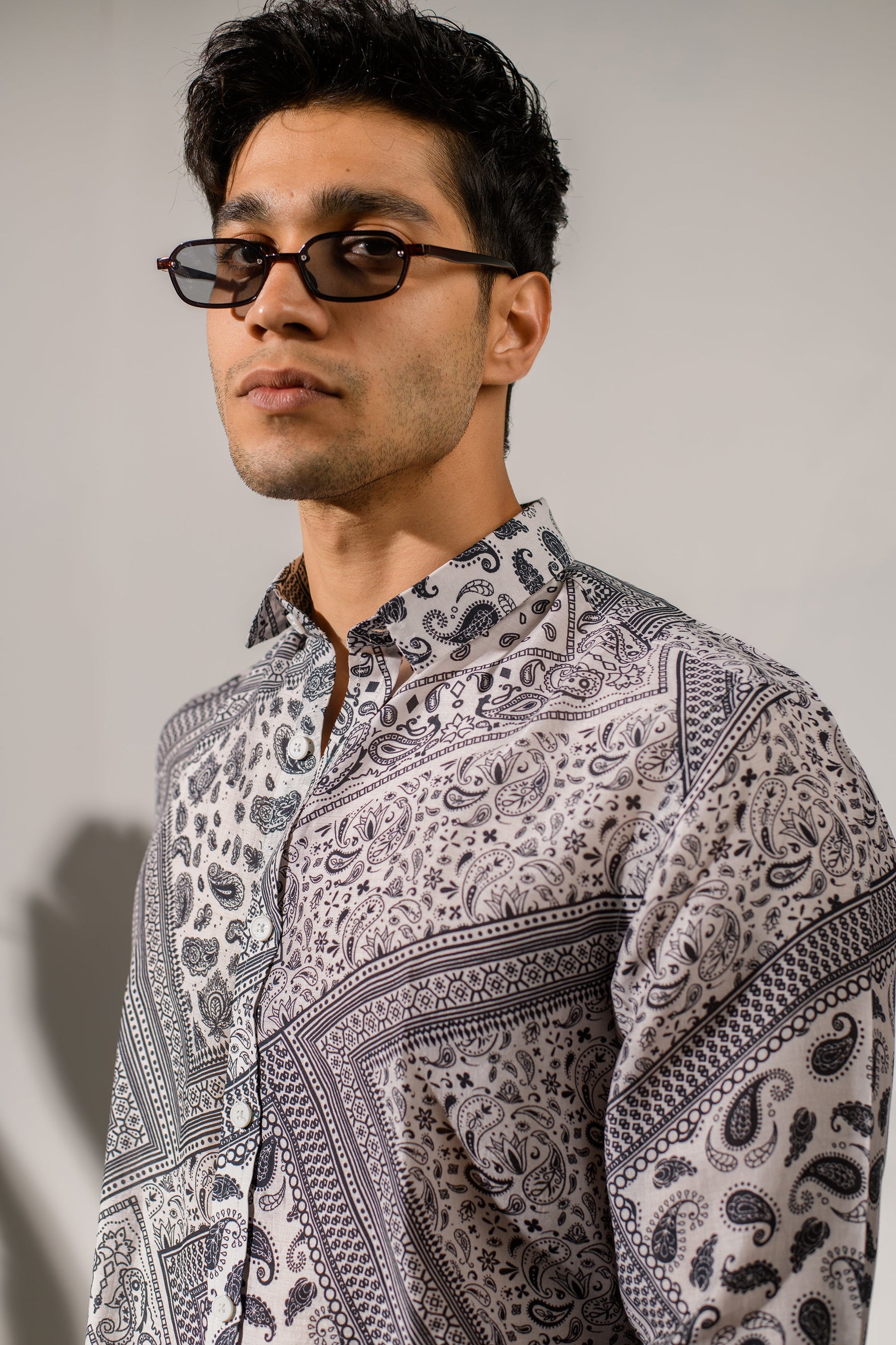 Stylish white bandana print oxford shirt with intricate paisley design for modern looks