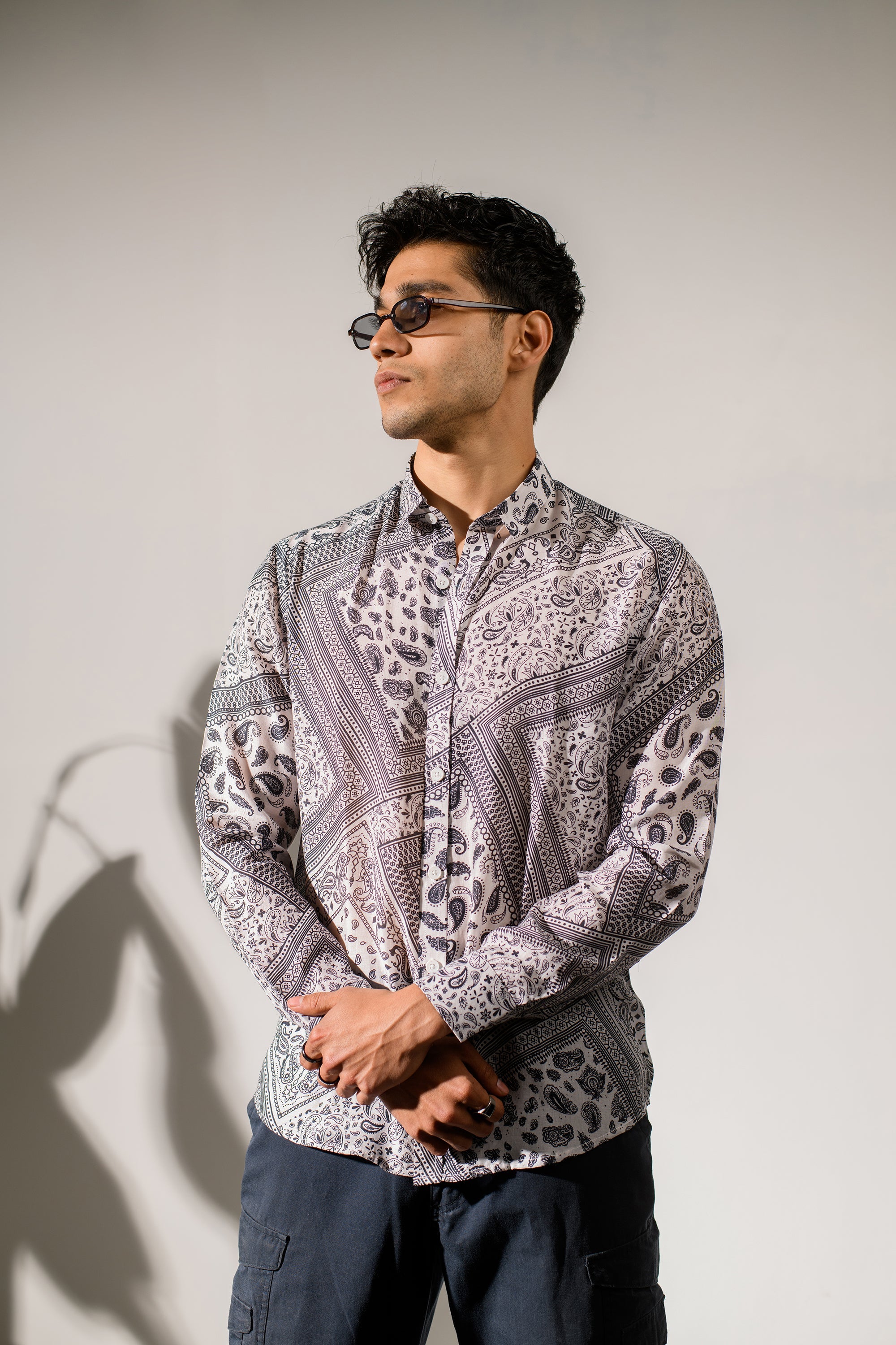 Stylish white bandana print oxford shirt by Stylera, perfect for casual occasions.