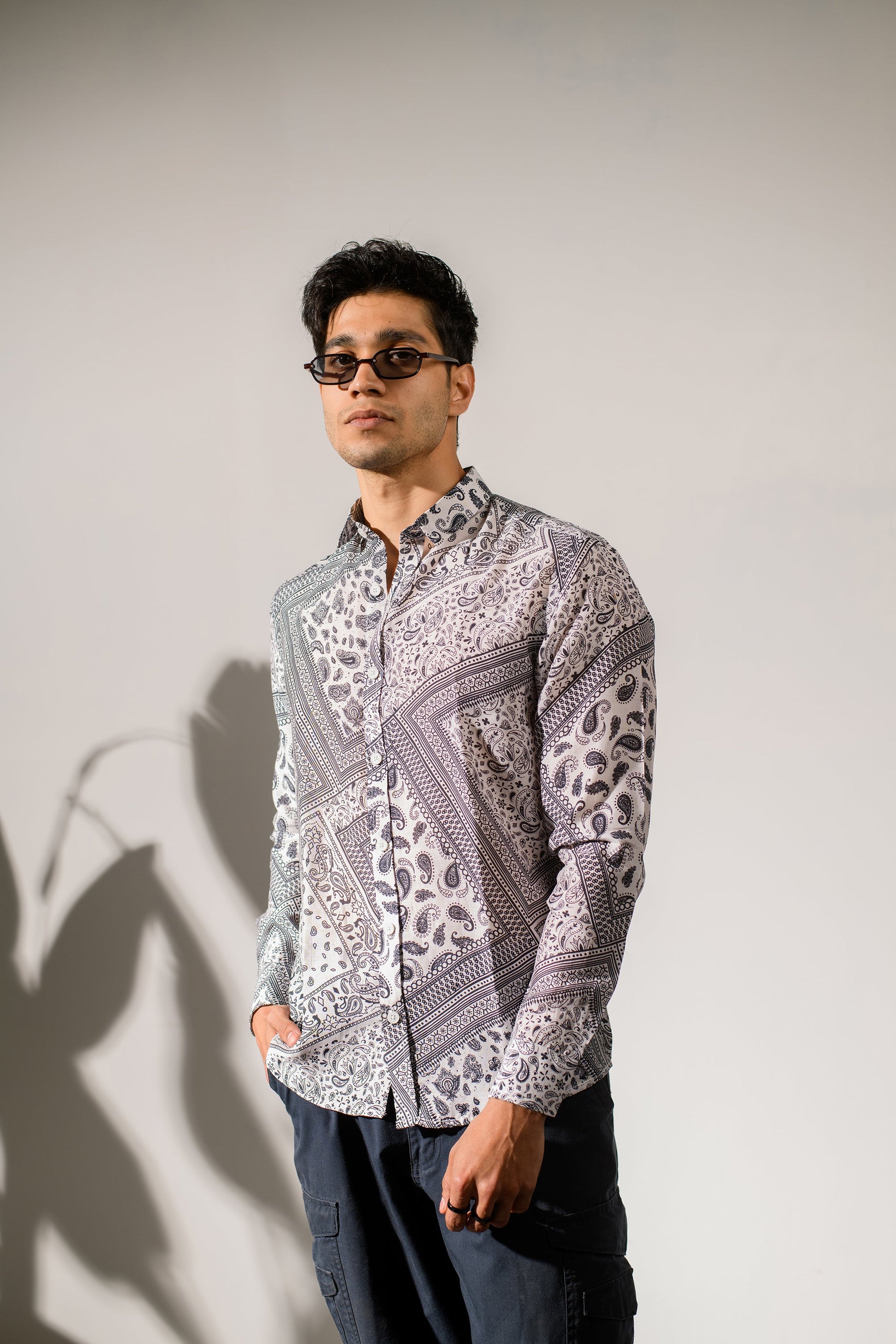 Men's white bandana print oxford shirt featuring stylish patterns and a modern fit