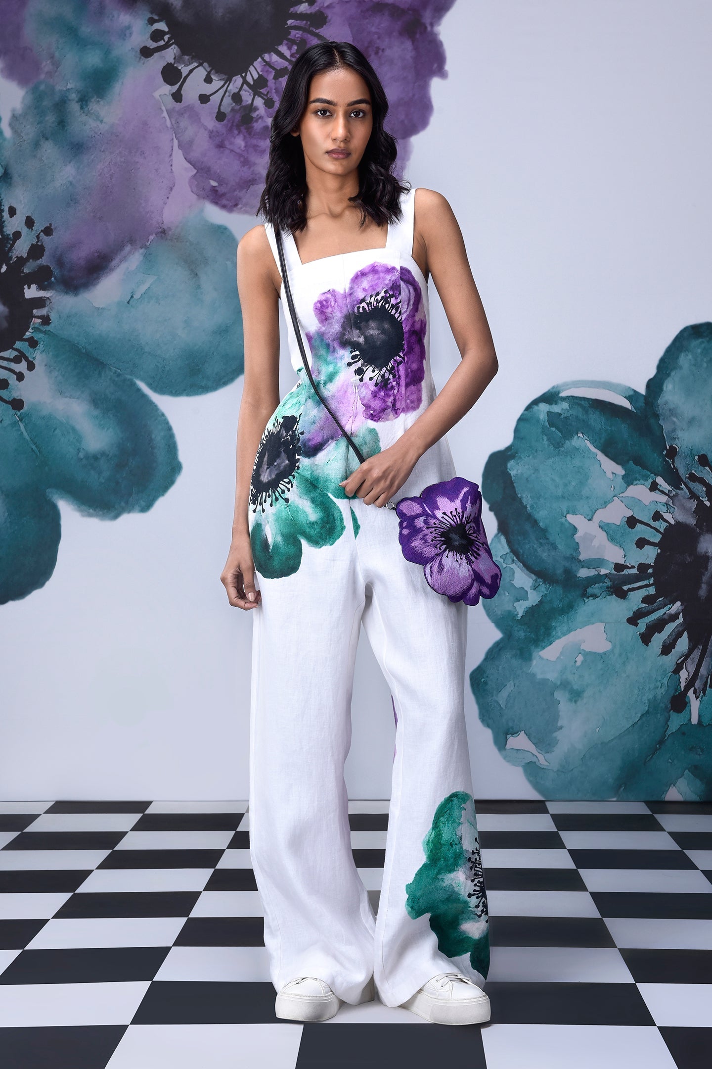 Stylera white coral floral jumpsuit sleeveless dungaree with purple and teal oversized flowers wide leg