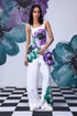 Stylera white coral floral jumpsuit sleeveless dungaree with purple and teal oversized flowers wide leg
