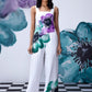 Stylera white coral floral jumpsuit with wide leg cut square neckline and bold purple and green floral print