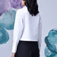 Stylera white cotton lace up shirt back view on model with long sleeves and cropped boxy fit