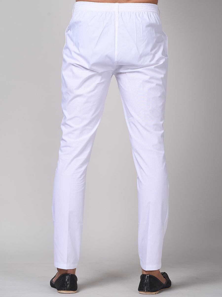 Back view of white cotton pyjama pants for men with a comfortable elastic waistband