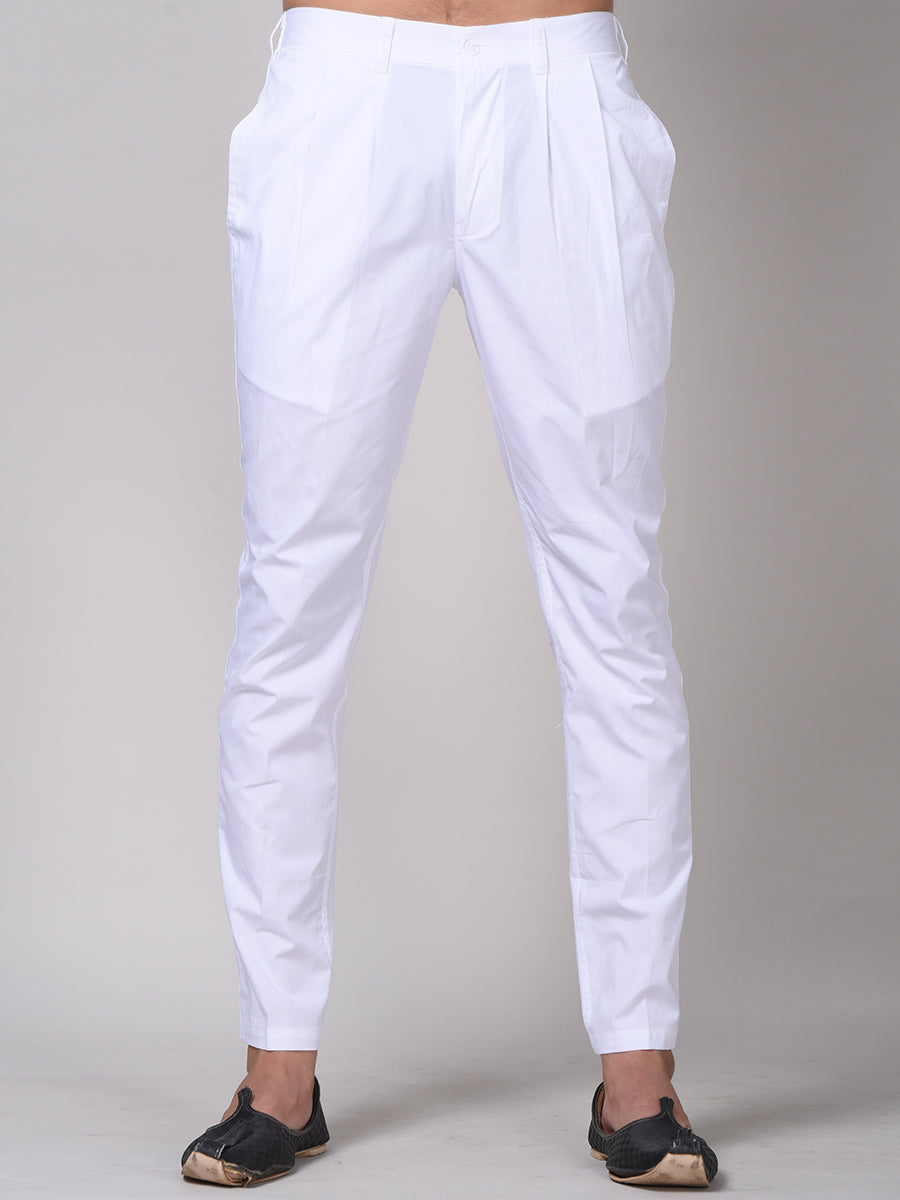 Stylish white cotton pyjama pants for men with a tapered fit and elegant design
