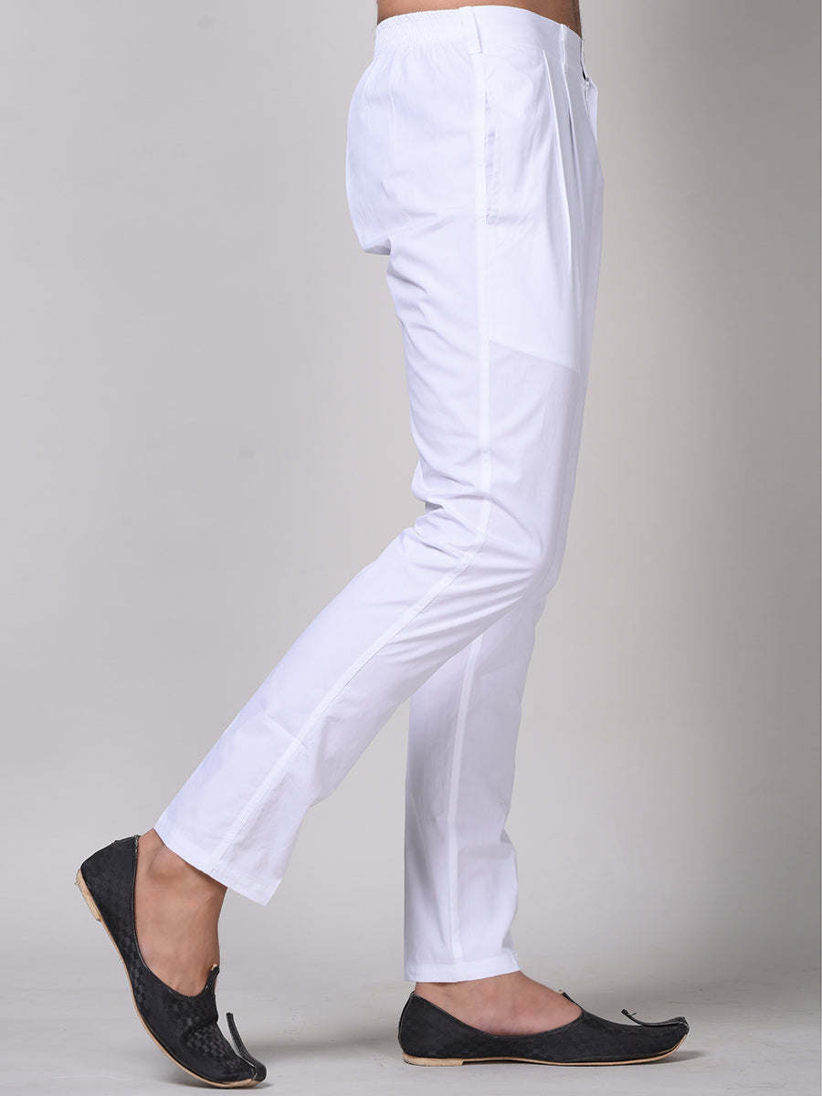 Side view of white cotton pyjama pants for men, featuring a comfortable fit and lightweight fabric