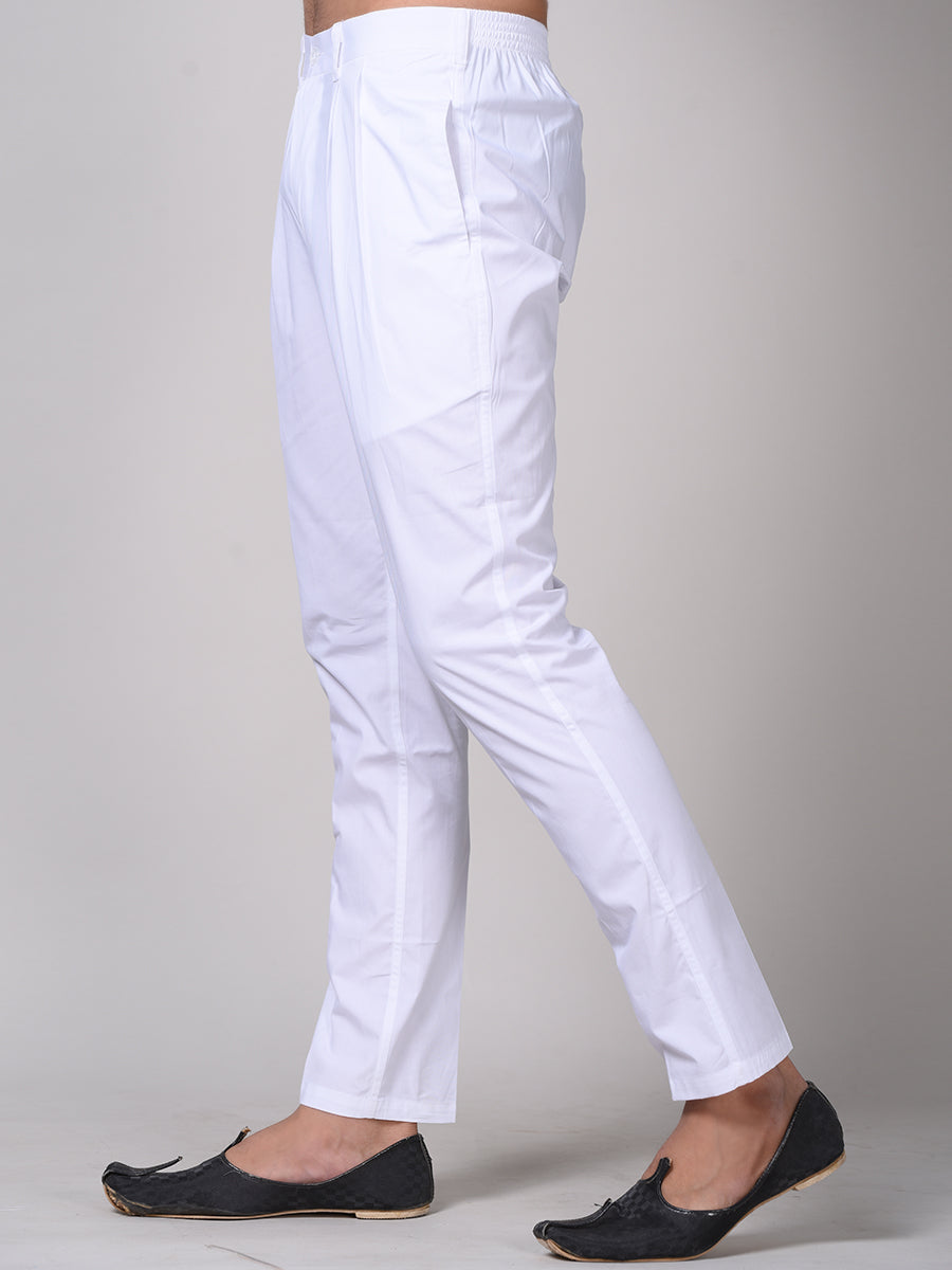 Side view of white cotton pyjama pants for men with a comfortable fit and pockets