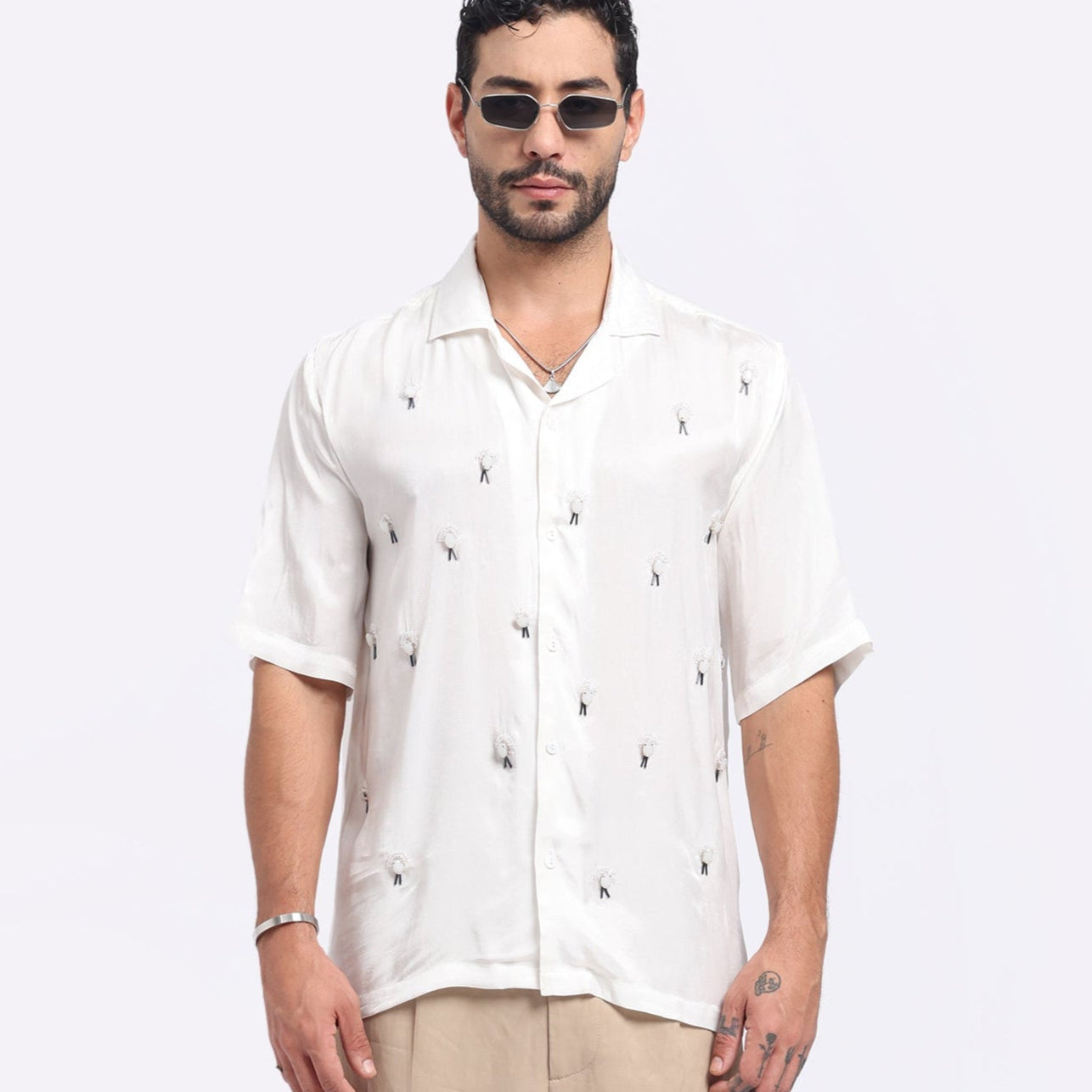 Stylera white embroidered casual shirt with unique designs perfect for stylish summer wear