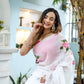 Elegant white floral saree for women with pink rose embroidery, perfect for festive occasions
