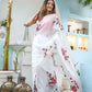 Elegant white floral saree for women featuring pink rose embroidery, perfect for special occasions