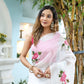 Elegant white floral saree for women with pink floral design, perfect for festive occasions