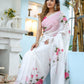 Elegant white floral saree for women with pink rose embroidery, ideal for special occasions