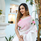 Elegant white floral saree for women with delicate pink rose embroidery, perfect for special occasions.