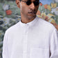 Stylera white linen casual shirt for men with mandarin collar chest pocket